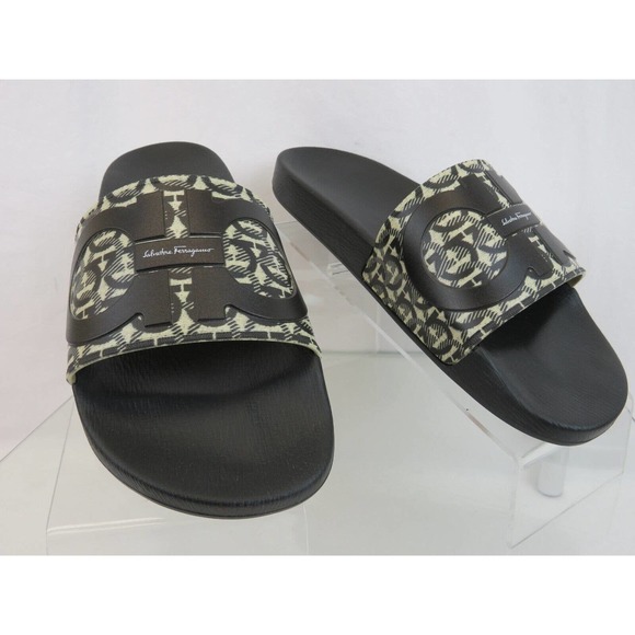 NIB FERRAGAMO GROOVE 6 BEIGE BLACK RUBBER GANCINI LOGO SANDALS SLIDES 10 M main image 14